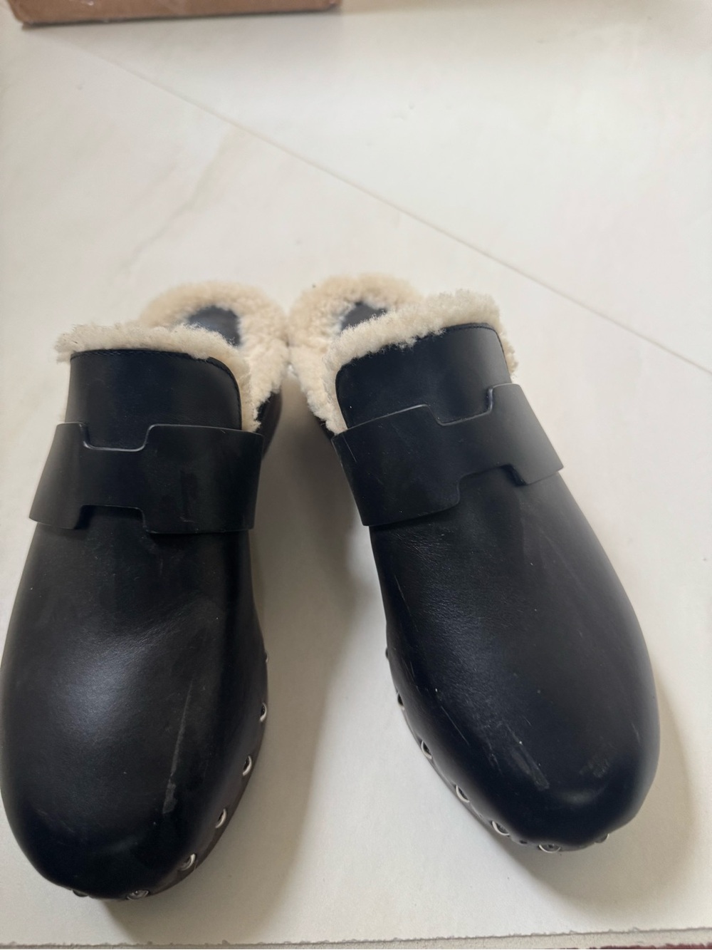 Hermes Black Leather Shearling-Lined Mules